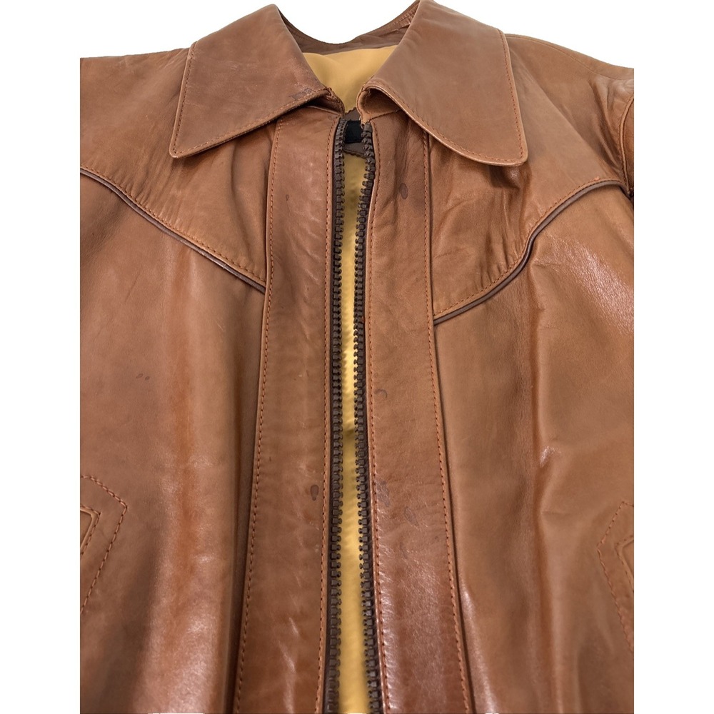Vintage Cortefiel Leather Bomber Jacket Mens 38 Caramel Brown Soft Gangster - Picture 5 of 14